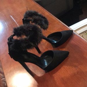 Black pumps with fur ankle strap